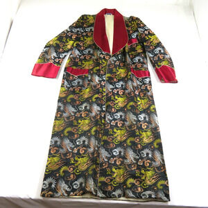 Dragon All-Over Print Emboidered Kimono Robe Smokers Coat Black Red Japan L 60s